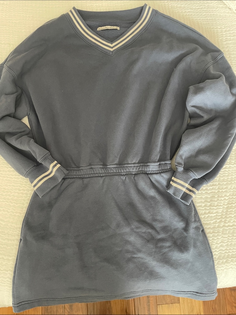 Abercrombie & Fitch Slate Blue V-Neck Sweater Dress with Cream Stripe Trim